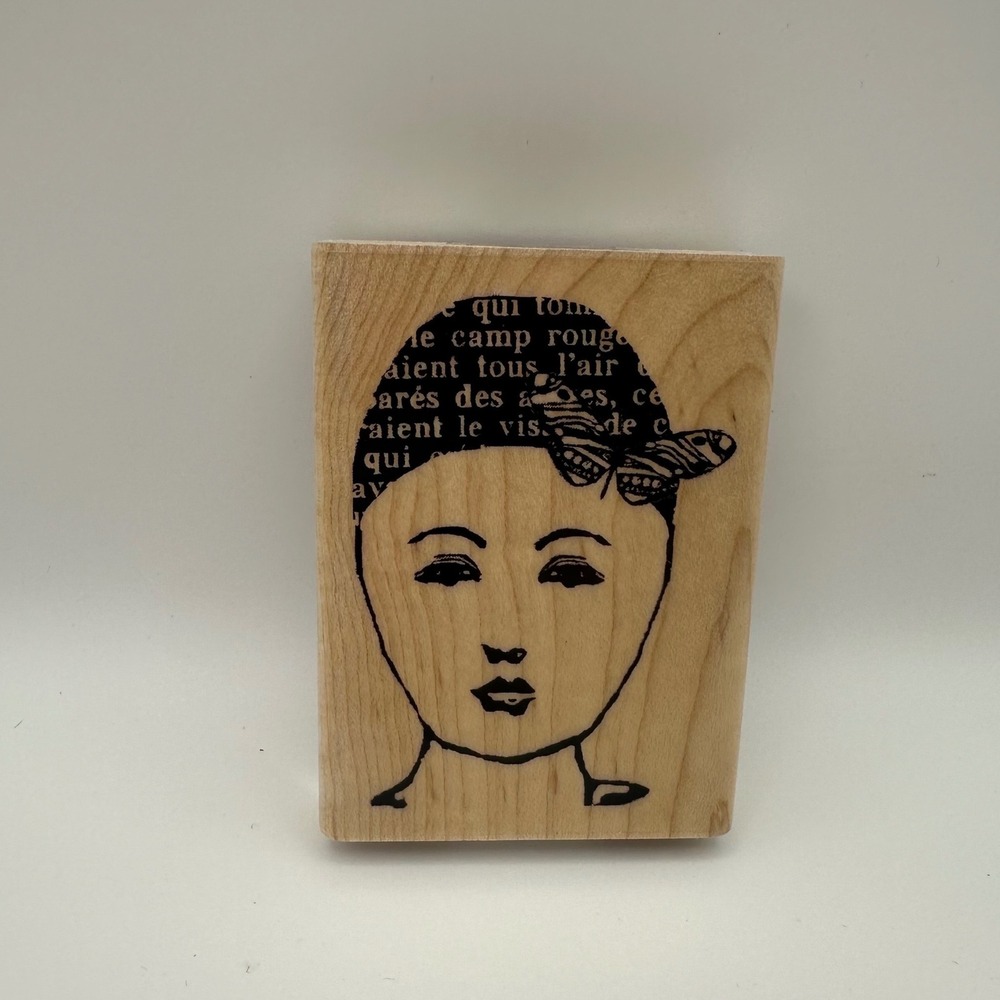 Inkadinkado 8340N Dawn Houser French Woman Face Butterfly Wood Rubber Stamp New